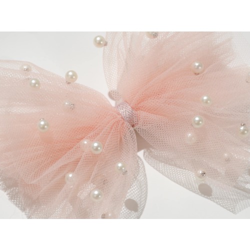 Large Pearl Bow –  Tulle Hair Clip or Headband for Flower Girls, Baptism, Toddler Gift
