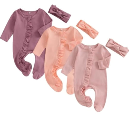Merqwadd Baby Girl Zipper Pajama Footies 3 Pack Ruffle Sleeper Coming Home Infant Cotton Clothes