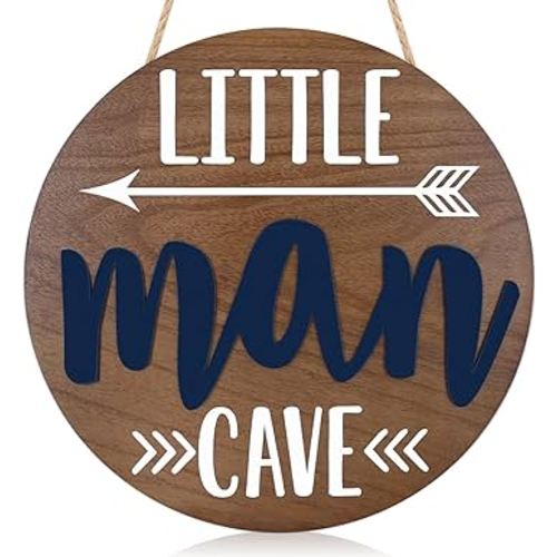 Little Man Cave Wooden Round Door Sign for Little Boy Nursery Room Wall Art Natural Wood Baby Toddler Kids Bedroom Living Room Hanging Rustic Farmhouse Decor -Blue
