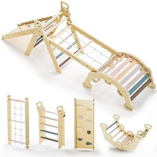 BlueWood 2024 8 in 1 Pikler Triangle Climbing Set Montessori Climbing Set Toddler Climbing Toys Indoor Baby Jungle Gym Pikler Climbing Toys Toddler Climber Indoor Playground for Kids - Mauve Pink