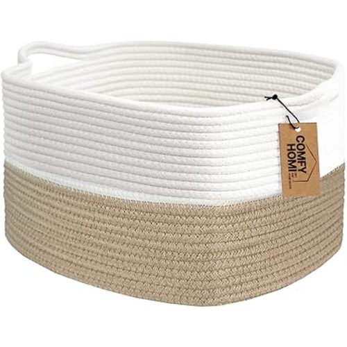 COMFY-HOMI Cotton Rope Woven Basket with Handles for Shelves,Toys,Book, Cloth Storage Baskets Bin for Organizing-13.5"x11"x9.5" Toy Decorative Organizer for Living Room, Bathroom-Light Brown