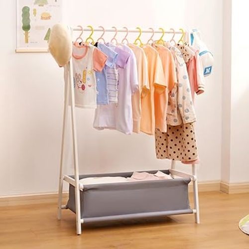 Kids Clothing Rack with Storage Box, Dress up Holder, Child Garment Stand with Hanging Rods, Small and Foldable, Bamboo (White)