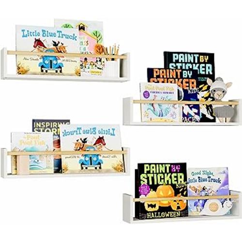Fixwal Nursery Book Shelves, 16.5 Inch Floating Bookshelf for Kids Bedroom Decor & Playroom Decor, Set of 4, Solid Wood Wall Mounted Shelves for Books, Toys and Decor Storage (White and Natural Wood)