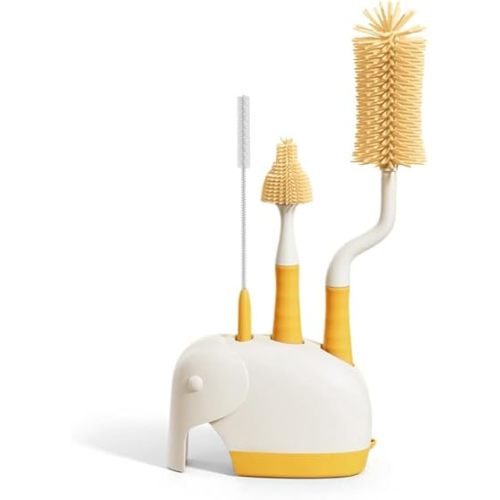 360° Rotating Silicone Bottle Cleaning Brush Set, Includes Baby Bottle Brush, Nipple Cleaner, Straw Brush and Drying Stand. (Yellow/Orange)