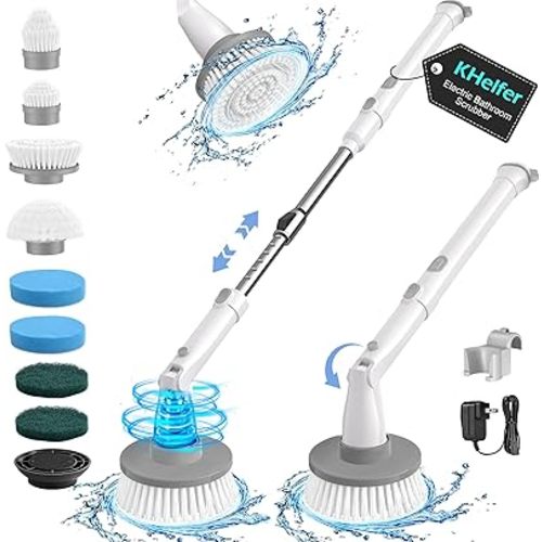 kHelfer Electric Spin Scrubber Kh8, Upgrade Cordless Shower Scrubber 8 Replacement Head, 1.5H Bathroom Scrubber Dual Speed, Shower Cleaning Brush with Extension Arm for Bathtub Tile Floor