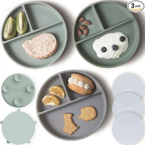 Moonkie Suction Plates for Baby - Mint/Sage/Lunar Grey