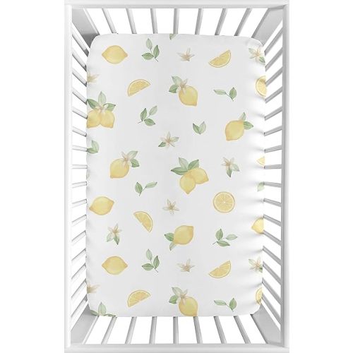Sweet Jojo Designs Lemon Floral Girl Fitted Mini Crib Sheet Baby Nursery For Portable Crib Pack and Play Yellow Green Beige White Watercolor Boho Bohemian Farmhouse Fruit Flower Blossom Botanical Leaf