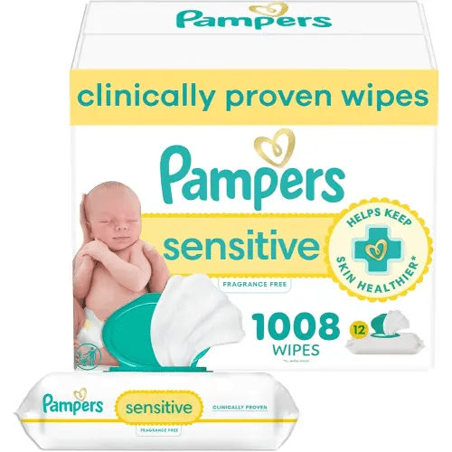 Pampers Baby Wipes, Sensitive, Water Based Wipe, Clinically Proven, Hypoallergenic, and Unscented for Babies, 1008 Wipes Total (12 Flip-Top Packs) [Packaging May Vary]