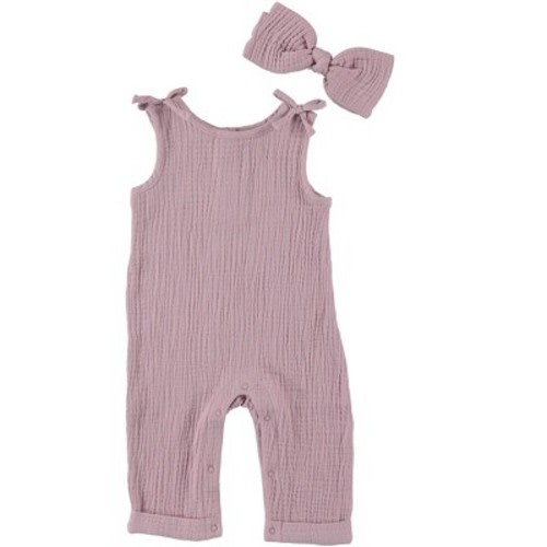 Chick Pea Baby Girl Outfit Set Infant Newborn Overalls and Matching Headband 2 PC Set Muslin Adorable Purple 3-6M