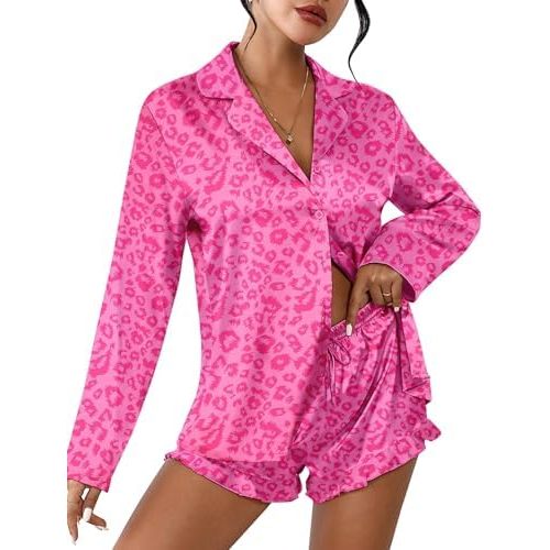 Ekouaer Womens Satin Pajama Sets Long Sleeve Top and Shorts Lounge Set Button Down Sleepwear