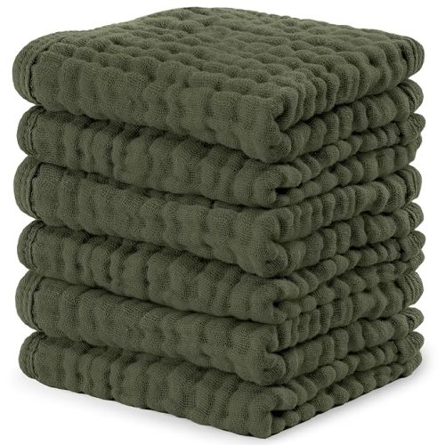 Comfy Cubs Muslin Baby Washcloths 6 Pack - Soft 6-Layer Cotton Wash Cloths for Sensitive Skin - 10"x10" Large, Gentle, Absorbent Infant Essentials for Newborn and Toddlers - Kelp