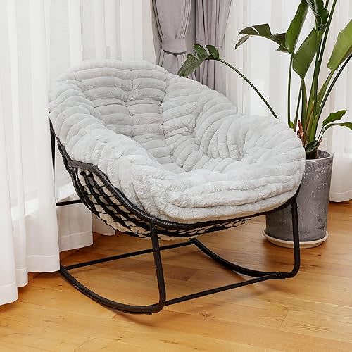 Outdoor Rocking Chair, Patio Wicker Egg Chair, Indoor Comfy Oversized Papasan Chair with Padded Cushion, Royal Rattan Rocker for Front Porch, Garden, Patio (Light Grey)