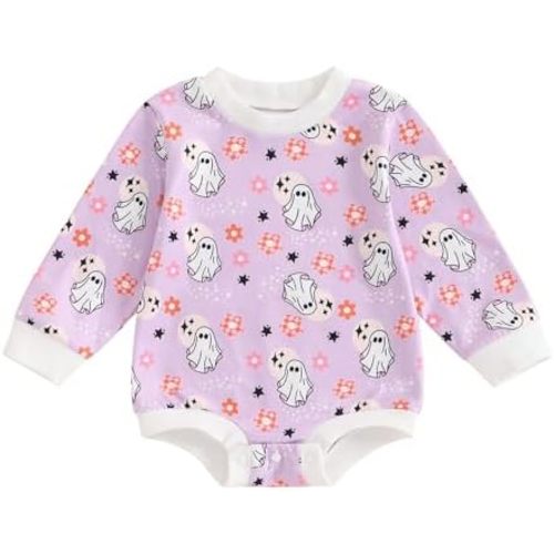 Halloween Newborn Baby Girls Outfits Long Sleeve Round Neck Ghost/Pumpkin Print Romper Infant Fall Winter Clothes