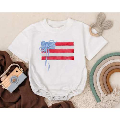 American Flag Short Sleeves Romper, Preppy Bow Flag Outfit, Independence Day Bodysuit, Patriotic USA, Fourth of July, 4th of July Baby Gift