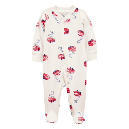 Baby Boy Fire Truck Print 2-Way Zip Cotton Sleep & Play Pajamas - Cream - Carter's | Carter's