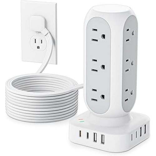 Flat Plug Power Strip Tower 10FT, 40W Total Fast Charging Station, Dual PD 20W USB-C Surge Protector with 12 AC Outlets and 8 USB Ports (4 USB C), Long Extension Cord for Home Office Dorm Room