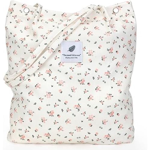 Tote Women Girls, Large Capacity Corduroy Reusable Grocery Shoulder Bag with Inner Pockets