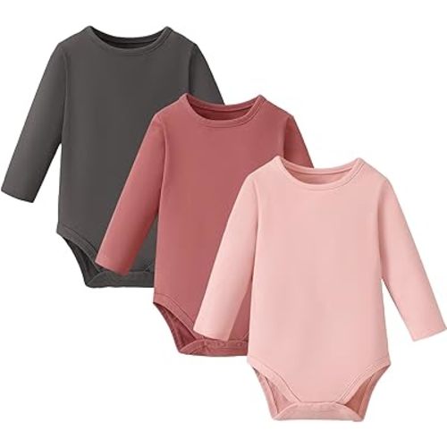 ROMPERINBOX Long Sleeve Onsies Girl 3 Pack Knitted Solid Baby Crew Neck Bodysuit Multicolors 0-24 Months