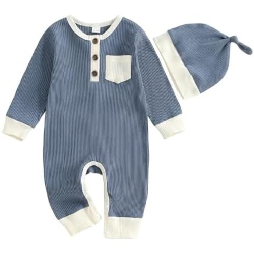 fhutpw Newborn Baby Boy Clothes Ribbed Knit Bodysuit 3 6 Months Infant Fall Long Sleeve Splicing Color Romper Jumpsuit & Hat