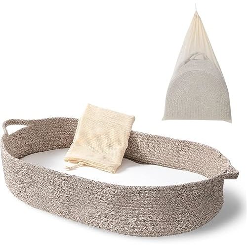 Baby Changing Basket - Moses Basket Changing Table Topper and Thick Foam Pad with Removable Cotton Mattress Cover, 100% Cotton Boho Nursery Decor with Storage Bag