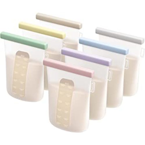 Nuliie 7 Pcs Reusable Silicone Breastmilk Storage Bags, 12oz/360ml Double Leak-Proof Breastmilk Freezer Bags, BPA Free Self-Standing Milk Bags for Breastfeeding, Baby Food Pouches