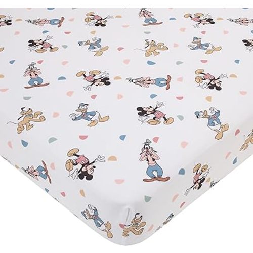 NoJo Disney Mickey Mouse Light Blue, White, and Tan Donald Duck, Goofy, and Pluto Super Soft Nursery Fitted Crib Sheet