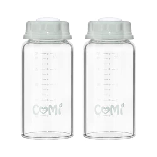 COMI Natural Glass Baby Bottle,Breastmilk Storage Bottle for Fridge,Breast Milk Container,Breast Pump Bottle Compatible with Medela Breast Pump,BPA Free,2PCS (5oz,2 Gray Lids)