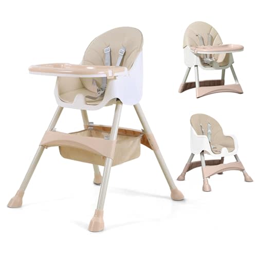 Sunchildor Baby High Chair with 5-Point Harness, Removable Tray and Seat Cushion, 3-in-1 Convertible High Chair for Toddler, Khaki