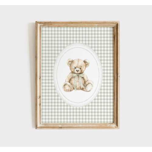 Vintage Bear Nursery Print, Sage Green Gingham Nursery Decor, Bear Bow Poster, Teddy Bear Neutral Nursery Wall Art, Boy Nursery, Girls Room