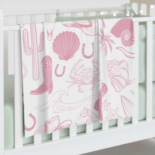 Pink Coastal Cowgirl Baby Swaddle Blanket, 30" x 40" Western Nursery Decor, Beach Baby Gift, Ocean Seashell Baby Girl Soft Infant Blankie