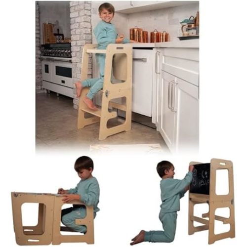 Avenlur Date 4-in-1 Foldable Kitchen Tower - Toddler Step Stool with Chalkboard, Desk Table and Chair - Waldorf and Montessori Kitchen Stool - Kitchen Stool Tower for Toddlers 18 Months to 6 Years