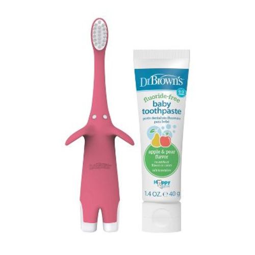 Dr. Brown's Infant-to-Toddler Training Toothbrush & Fluoride-Free Baby Toothpaste Pear & Apple Flavor - 0-3 years - Pink Elephant
