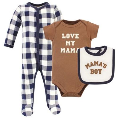 Hudson Baby Infant Boy Cotton Sleep And Play, Bodysuit And Bandana Bib Set, Brown Navy Mamas Boy, 0-3 Months