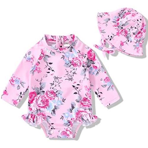 Infant Baby Girl Swimsuit One-Piece Long Sleeve Rash Guard with Hat Set Floral Zipper Bathing Suit Leopard Beach Wear