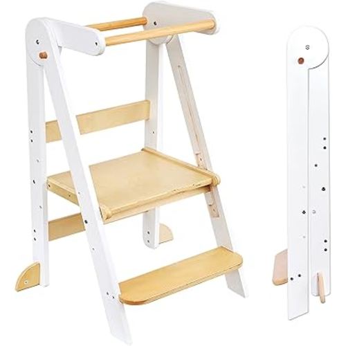 Foldable Toddler Tower Preassembled Kitchen Step Stool, Folding Tower for Learning with 3 Adjustable Heights, Montessori Toddler Standing Tower Collapsible Step Stool for Kids 1.5-6y Natural & White
