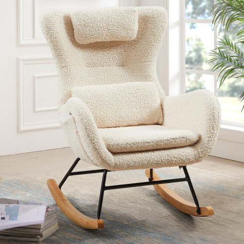 JESTOP Small Rocking Chair Nursery, Modern Rocker Chair with High Backrest, Comfy Accent Glider Chair with Headrest and and Throw Pillow