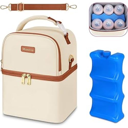 Mancro Double Layer Breastmilk Cooler Bag, Baby Bottle Bag for Daycare Fits 6 Baby Bottles with Ice Pack, Breast Milk Cooler Travel Bag for Working Mom, Cream