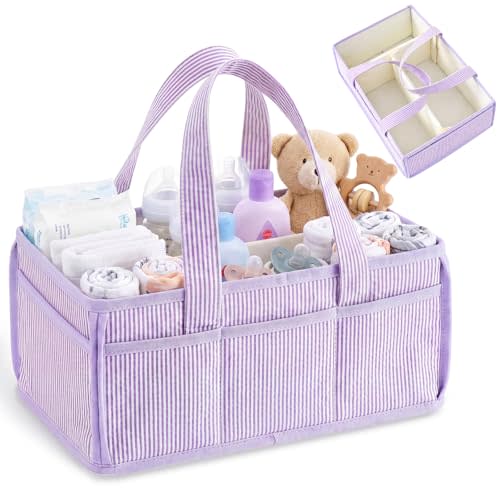 Huhumy Baby Diaper Caddy, Stripe Diaper Caddy Storage Organizer, Stylish Large Tote Bag for Newborn Essentials Nursery Storage Boy or Girl, Gift for Baby Shower and Registry Must-Have(Purple)