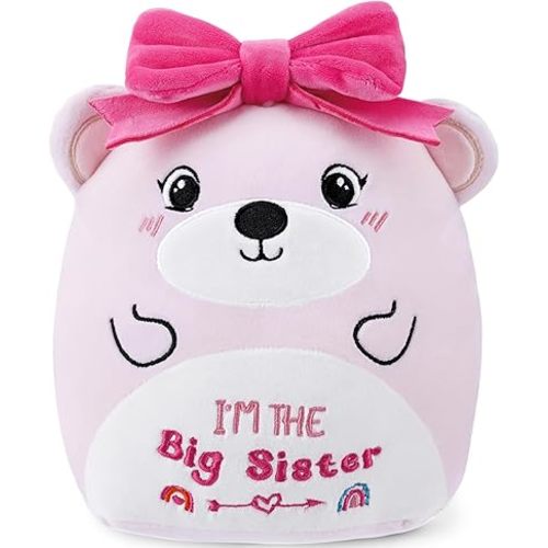Big Sister Plush Toy: 8-Inch I'm The Big Sister Bear with Pink Bow Stuffed Animal Cute Soft Plushie Pillows Christmas, New Sibling Gifts for Girls Kids