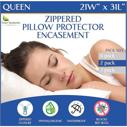 Queen Size Waterproof Pillow Protectors (Set of 2) – Zippered Hypoallergenic Pillowcase Cover Allergen Dust Proof Encasement