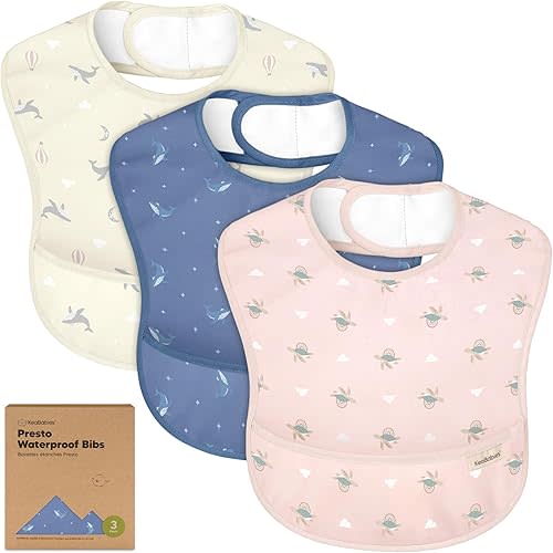 3-Pack Waterproof Baby Bibs for Eating - Lightweight Toddler Feeding Bibs with Large Food Catcher, Mess Proof, Food-Grade Baby Eating Essentials, Easy to Put On & Clean (Marine Muse)