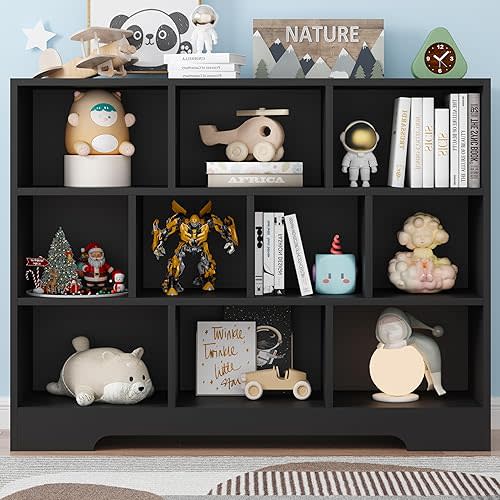 Book Shelf, 10 Cubes Storage Organizer, 3-Tier Open Bookshelf Wooden Bookcase, Freestanding Black Bookshelf Cube Shelf for Bedroom, Living Room