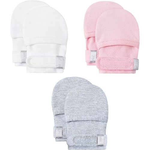 HAPIU Baby No Scratch Mittens Stay On, 100% Cotton Breathable, Adjustable Infant Gloves for Boys Girls, Newborn - 12 M - Full Blush&cloud&gray Heather - 0-3 Months