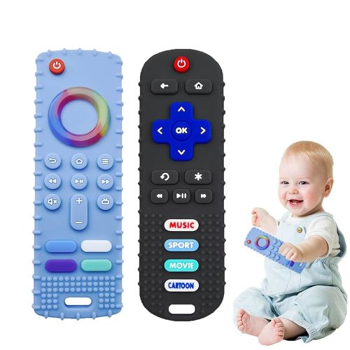 2-Pack Baby Teething Toys-TV Remote Control Shape Silicone Infants Teething Toys for Babies 0-18 Months,BPA-Free (Black+Blue)