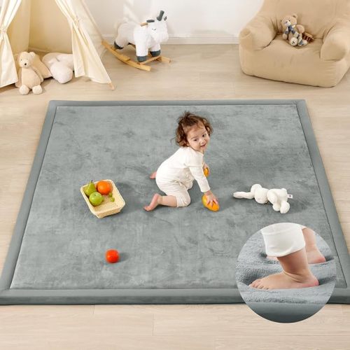 Ultra Soft Baby Play Mat,71"×79" Extra Large Activity Tummy Time Mat for Toddlers,Infants,Kids,1.3" Thick Elasti-Foam Nursery Rug for Floor,Non-Slip Safe for Crawling,Water-Repellent(Light Grey)