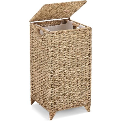Laundry Hamper with Lid, Clothes Hamper with Removable Liner Bag, Wicker Laundry Basket, Heightened Feet, Rattan Natural Handwoven Seagrass Foldable Laundry Basket
