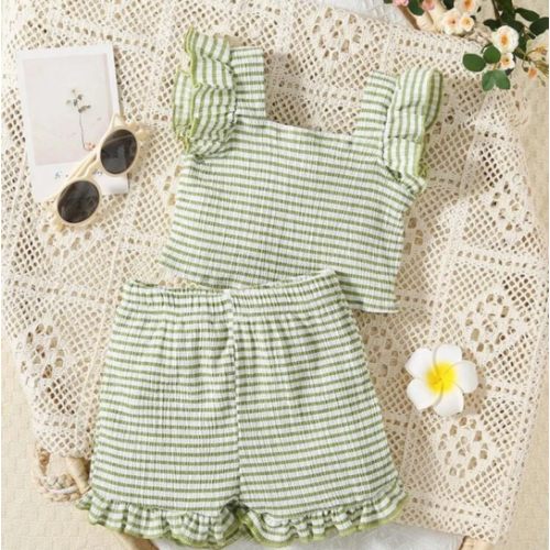 Baby Girl Striped Print Ruffle Trim Wrinkled Top With Shorts