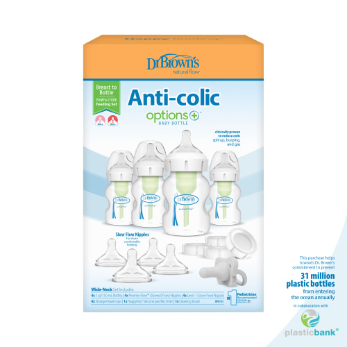Dr. Brown’s Natural Flow Anti-Colic Options+ Wide-Neck, Breast to Bottle Pump & Store Feeding Set, 0m+