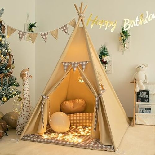 Teepee Tent with Padded Mat Bunting Banner Fairy Lights - Print Gingham Kids Play Tent with Carry Bay for Indoor and Outdoor, Play House Toys for Toddler, Boys and Girls