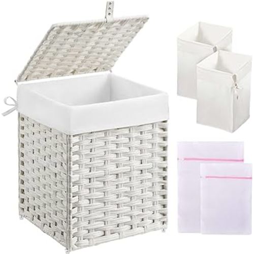 Greenstell Laundry Hamper with Lid, 40L Clothes Hamper with 2 Removable Liner Bags & 2 Mesh Laundry Bags, Handwoven Synthetic Rattan Laundry Basket for Clothes, Toys in Bathroom, Bedroom White